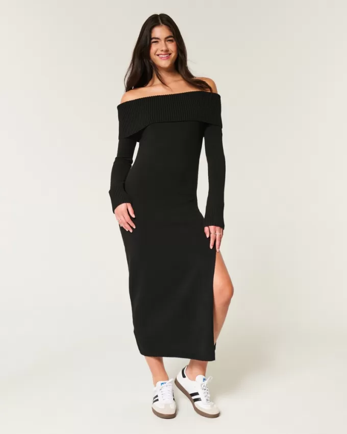 Off-the-Shoulder Midi Sweater Dress,Off-the-Shoulder Midi Sweater Dress