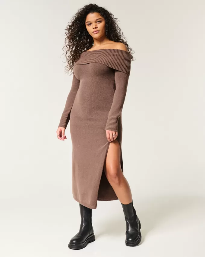 Off-the-Shoulder Midi Sweater Dress,Off-the-Shoulder Midi Sweater Dress
