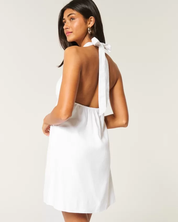 Open Back Linen-Blend Halter Dress,Open Back Linen-Blend Halter Dress