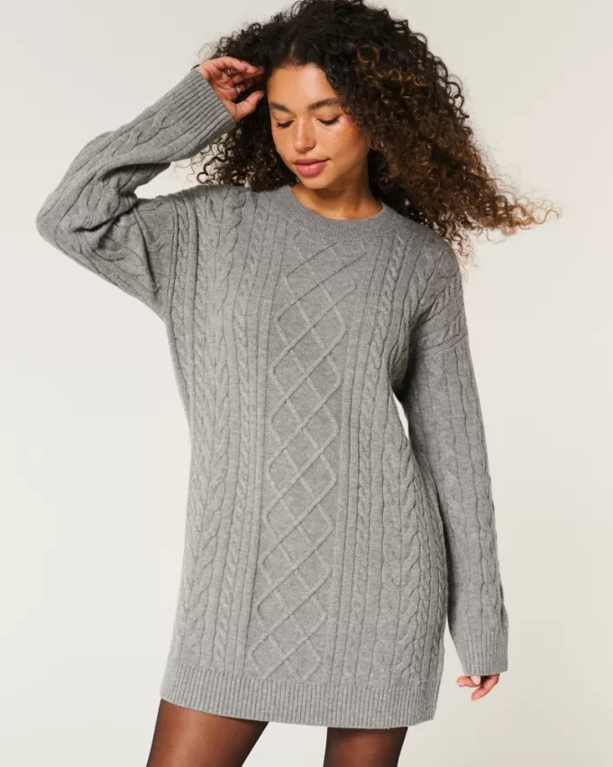 Oversized Cable-Knit Crew Sweater Dress,Oversized Cable-Knit Crew Sweater Dress