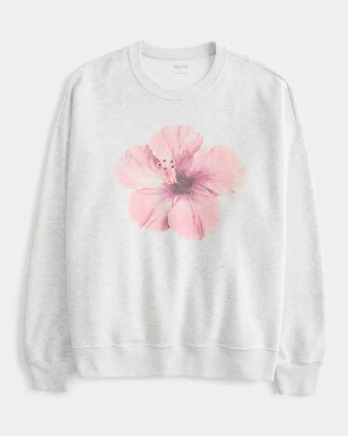 Oversized Flower Graphic Crew Sweatshirt,Oversized Flower Graphic Crew Sweatshirt