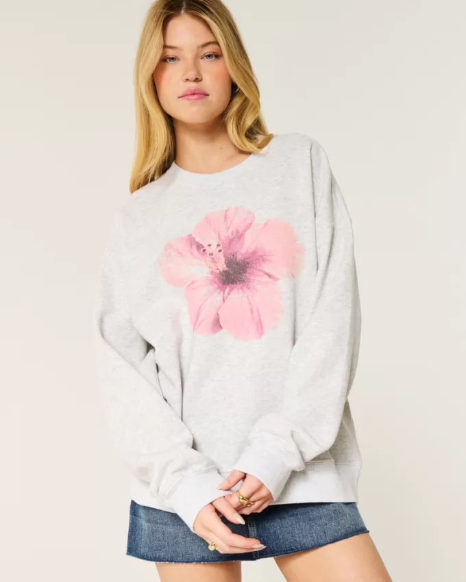 Oversized Flower Graphic Crew Sweatshirt,Oversized Flower Graphic Crew Sweatshirt
