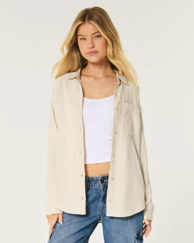 Oversized Linen-Blend Shirt,Oversized Linen-Blend Shirt