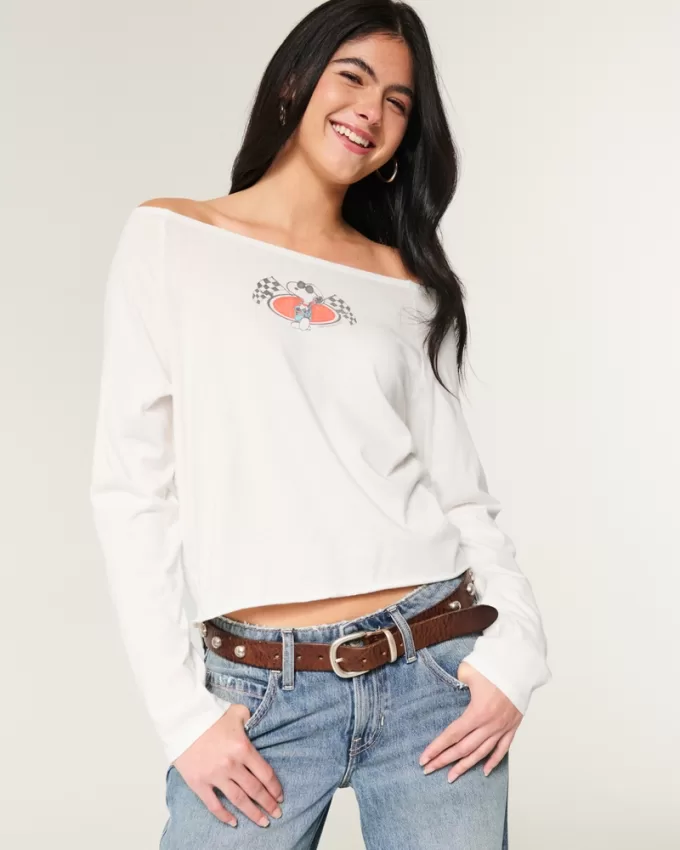 Oversized Long-Sleeve Snoopy Graphic Tee,Oversized Long-Sleeve Snoopy Graphic Tee