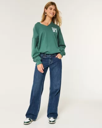 Oversized Notch-Neck Go Team Graphic Sweatshirt,Oversized Notch-Neck Go Team Graphic Sweatshirt