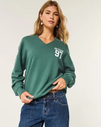 Oversized Notch-Neck Go Team Graphic Sweatshirt,Oversized Notch-Neck Go Team Graphic Sweatshirt