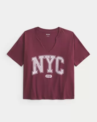 Oversized Notch-Neck NYC Graphic Tee,Oversized Notch-Neck NYC Graphic Tee