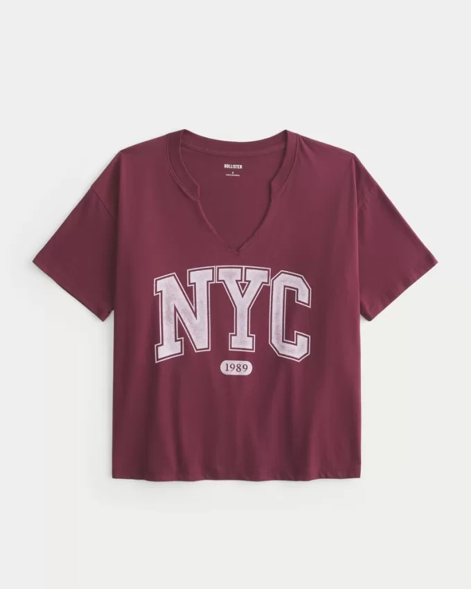 Oversized Notch-Neck NYC Graphic Tee,Oversized Notch-Neck NYC Graphic Tee