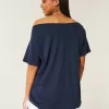 Oversized Off-the-Shoulder Boston Graphic Tee,Oversized Off-the-Shoulder Boston Graphic Tee
