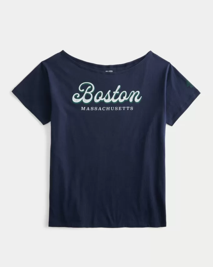 Oversized Off-the-Shoulder Boston Graphic Tee,Oversized Off-the-Shoulder Boston Graphic Tee