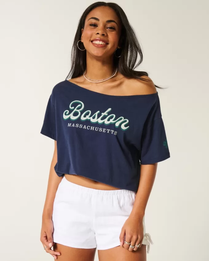 Oversized Off-the-Shoulder Boston Graphic Tee,Oversized Off-the-Shoulder Boston Graphic Tee