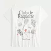 Oversized Off-the-Shoulder Club de Raquette Graphic Tee,Oversized Off-the-Shoulder Club de Raquette Graphic Tee