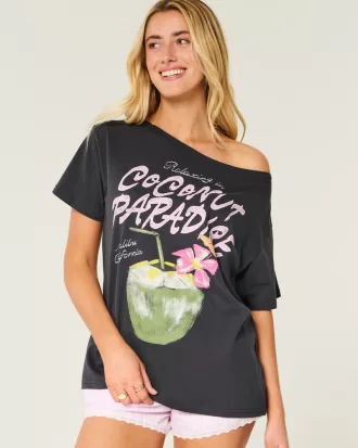 Oversized Off-the-Shoulder Coconut Paradise Graphic Tee,Oversized Off-the-Shoulder Coconut Paradise Graphic Tee