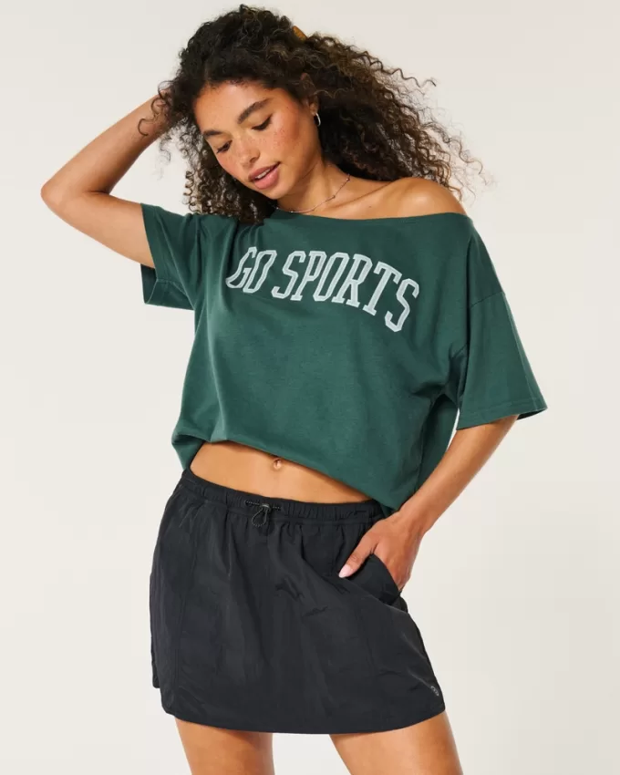Oversized Off-the-Shoulder Go Sports Graphic Tee,Oversized Off-the-Shoulder Go Sports Graphic Tee