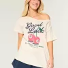 Oversized Off-the-Shoulder Good Luck Graphic Tee,Oversized Off-the-Shoulder Good Luck Graphic Tee