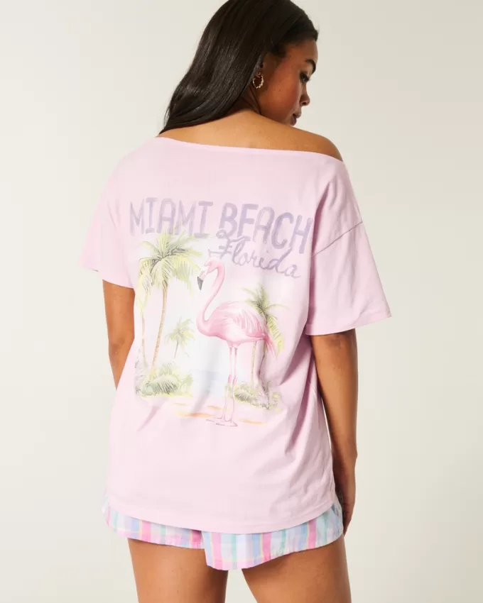Oversized Off-the-Shoulder Miami Beach Graphic Tee,Oversized Off-the-Shoulder Miami Beach Graphic Tee