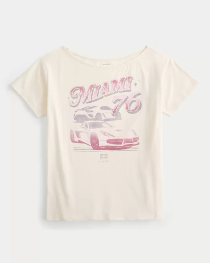 Oversized Off-the-Shoulder Miami Racing Graphic Tee,Oversized Off-the-Shoulder Miami Racing Graphic Tee