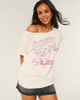 Oversized Off-the-Shoulder Miami Racing Graphic Tee,Oversized Off-the-Shoulder Miami Racing Graphic Tee