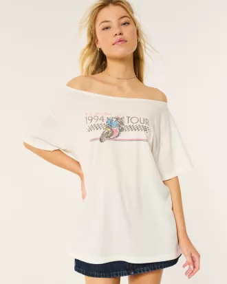 Oversized Off-the-Shoulder Motorcycle Racing Graphic Tee,Oversized Off-the-Shoulder Motorcycle Racing Graphic Tee