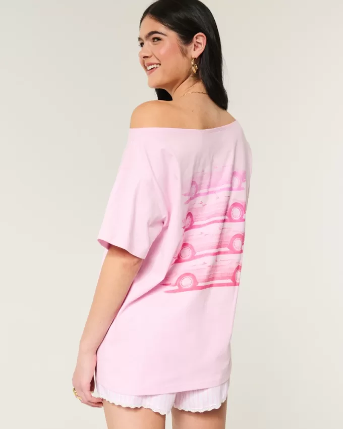 Oversized Off-the-Shoulder New York Raceway Graphic Tee,Oversized Off-the-Shoulder New York Raceway Graphic Tee