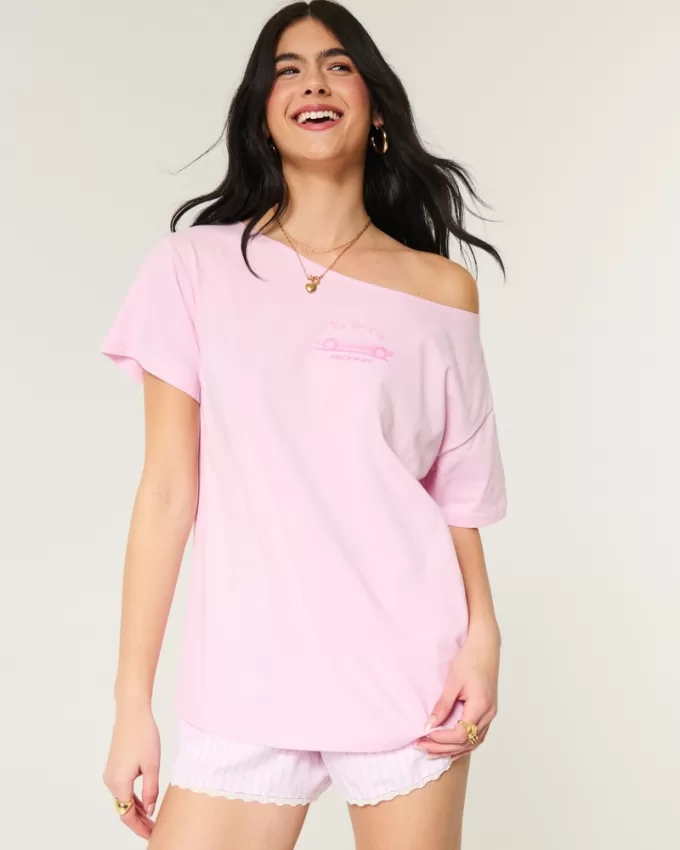 Oversized Off-the-Shoulder New York Raceway Graphic Tee,Oversized Off-the-Shoulder New York Raceway Graphic Tee