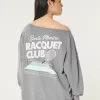 Oversized Off-the-Shoulder Racquet Club Graphic Sweatshirt,Oversized Off-the-Shoulder Racquet Club Graphic Sweatshirt