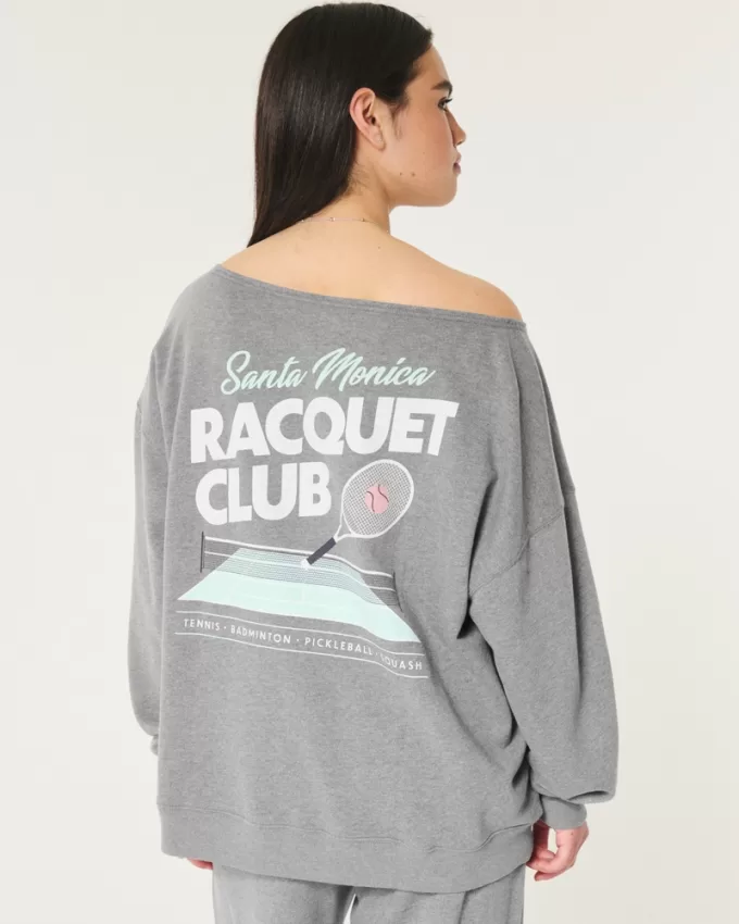 Oversized Off-the-Shoulder Racquet Club Graphic Sweatshirt,Oversized Off-the-Shoulder Racquet Club Graphic Sweatshirt