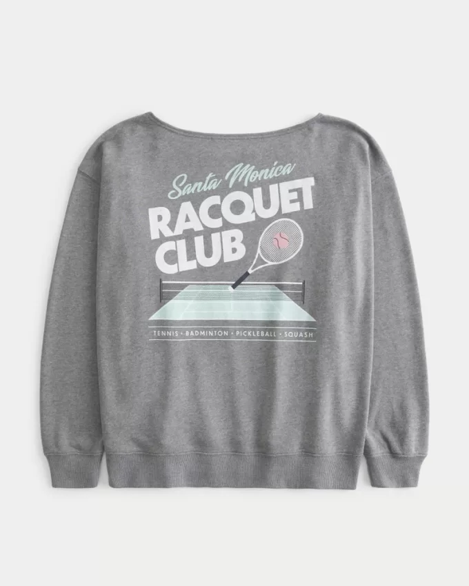 Oversized Off-the-Shoulder Racquet Club Graphic Sweatshirt,Oversized Off-the-Shoulder Racquet Club Graphic Sweatshirt
