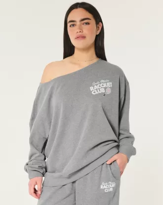 Oversized Off-the-Shoulder Racquet Club Graphic Sweatshirt,Oversized Off-the-Shoulder Racquet Club Graphic Sweatshirt