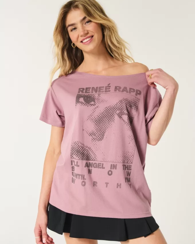 Oversized Off-the-Shoulder Reneé Rapp Graphic Tee,Oversized Off-the-Shoulder Reneé Rapp Graphic Tee