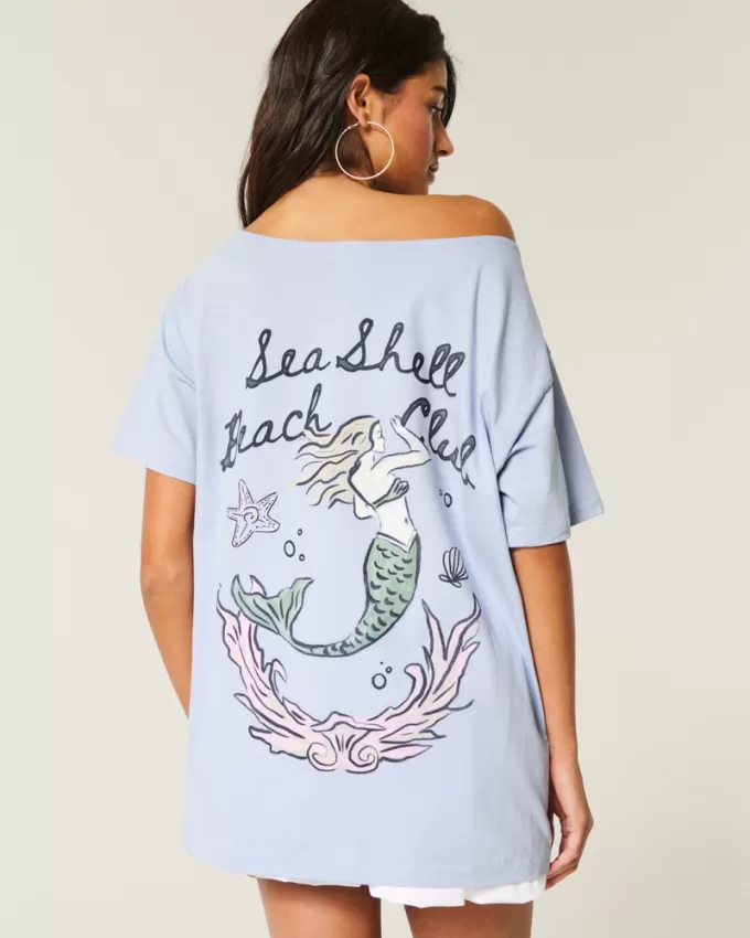 Oversized Off-the-Shoulder Sea Shell Beach Club Graphic Tee,Oversized Off-the-Shoulder Sea Shell Beach Club Graphic Tee