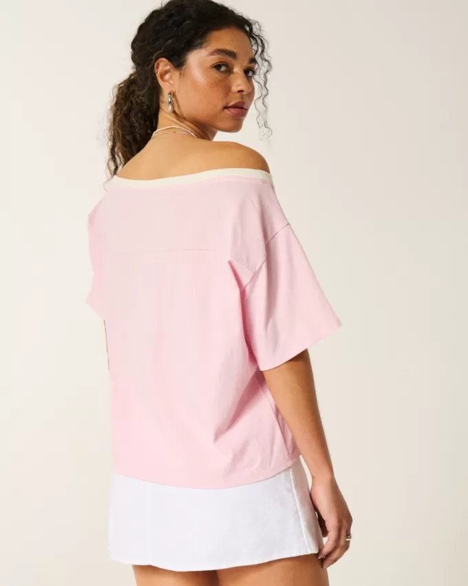 Oversized Off-the-Shoulder Varsity Floral Graphic Tee,Oversized Off-the-Shoulder Varsity Floral Graphic Tee