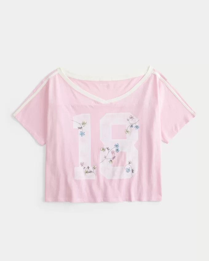 Oversized Off-the-Shoulder Varsity Floral Graphic Tee,Oversized Off-the-Shoulder Varsity Floral Graphic Tee