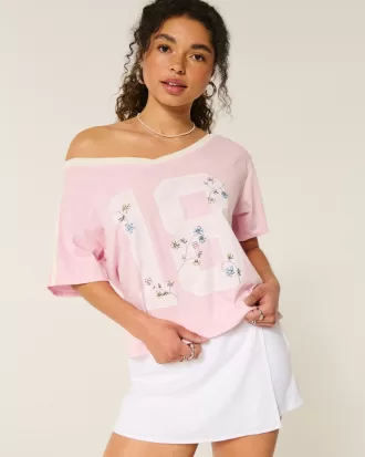 Oversized Off-the-Shoulder Varsity Floral Graphic Tee,Oversized Off-the-Shoulder Varsity Floral Graphic Tee