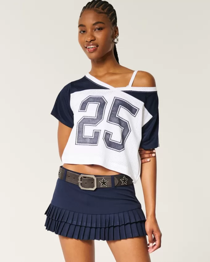 Oversized Off-the-Shoulder Varsity Graphic Jersey,Oversized Off-the-Shoulder Varsity Graphic Jersey