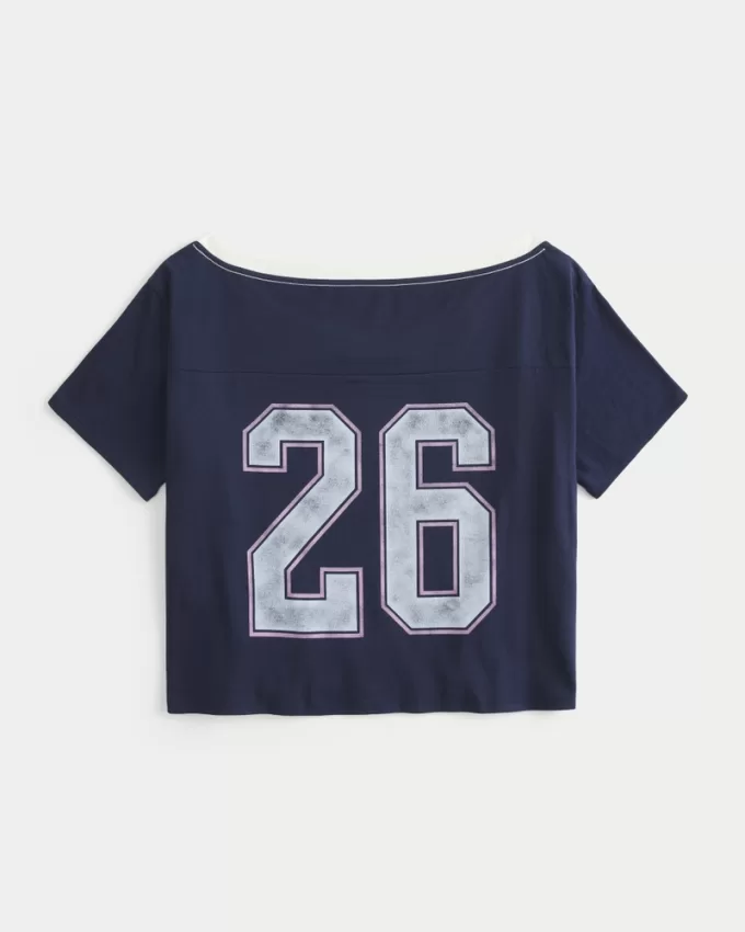 Oversized Off-the-Shoulder Varsity Graphic Tee,Oversized Off-the-Shoulder Varsity Graphic Tee