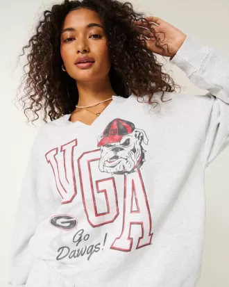 Oversized UGA Dawgs Graphic Notch-Neck Sweatshirt,Oversized UGA Dawgs Graphic Notch-Neck Sweatshirt