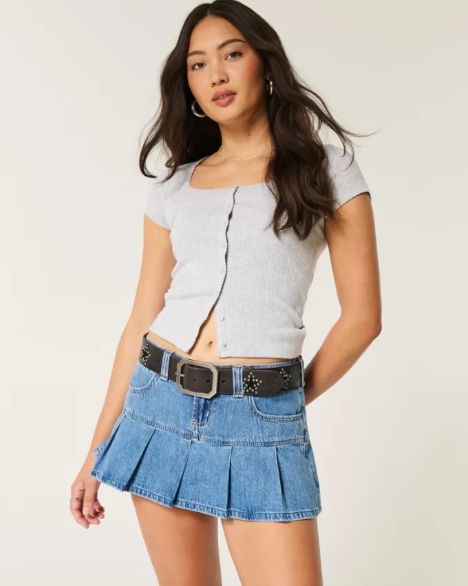Pleated Denim Mini Skort,Pleated Denim Mini Skort
