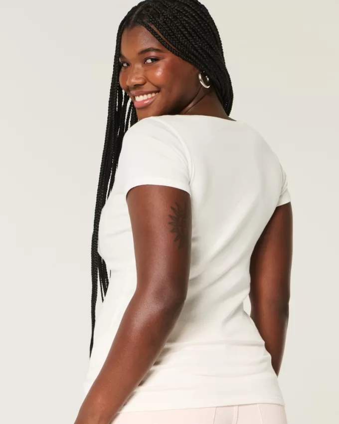 Ribbed Lace Placket Scoop Henley,Ribbed Lace Placket Scoop Henley