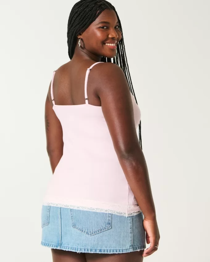 Ribbed Lace Trim Cami,Ribbed Lace Trim Cami