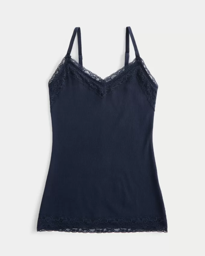 Ribbed Lace Trim Cami,Ribbed Lace Trim Cami