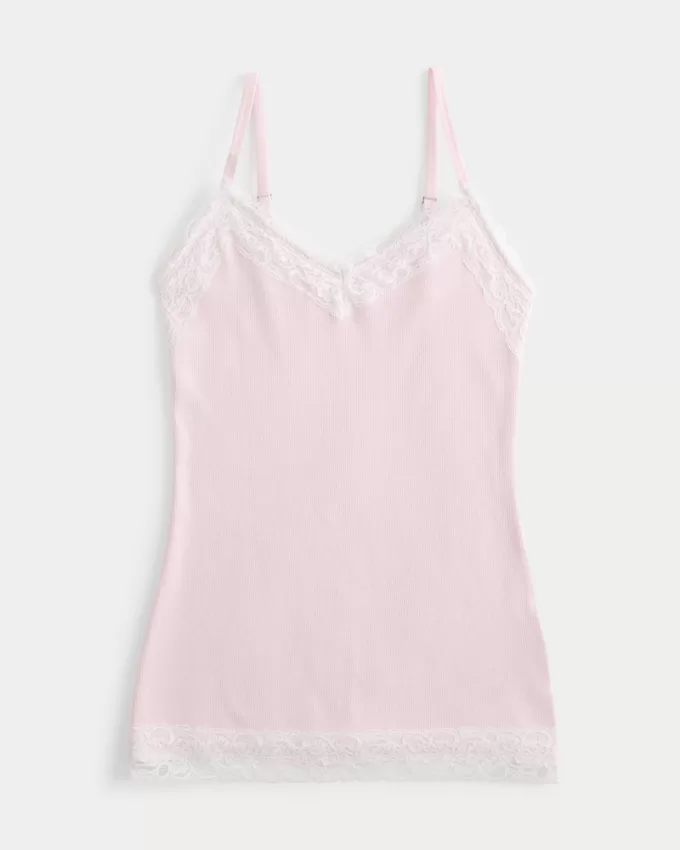 Ribbed Lace Trim Cami,Ribbed Lace Trim Cami