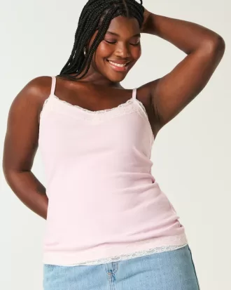 Ribbed Lace Trim Cami,Ribbed Lace Trim Cami