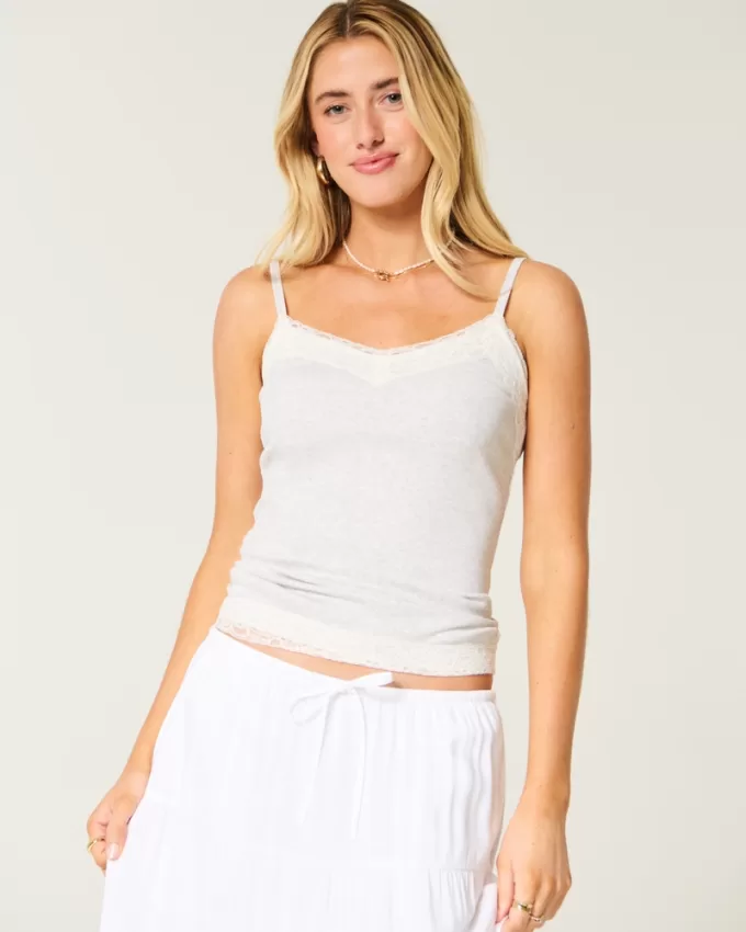 Ribbed Lace Trim Cami,Ribbed Lace Trim Cami