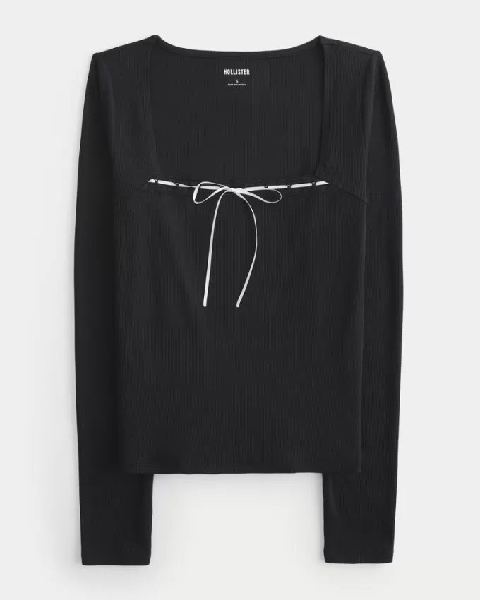 Ribbed Seamless Fabric Lace Trim Square-Neck Top,Ribbed Seamless Fabric Lace Trim Square-Neck Top