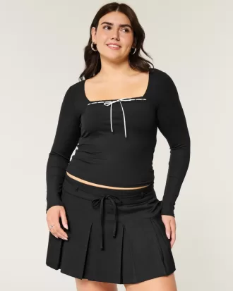 Ribbed Seamless Fabric Lace Trim Square-Neck Top,Ribbed Seamless Fabric Lace Trim Square-Neck Top