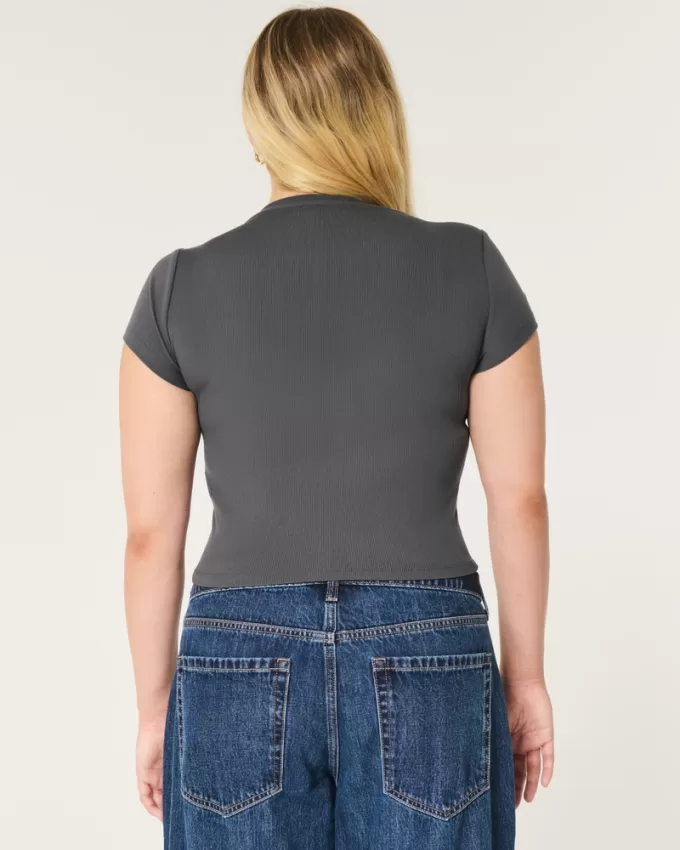 Ribbed Seamless Fabric Notch Neck Baby Tee,Ribbed Seamless Fabric Notch Neck Baby Tee