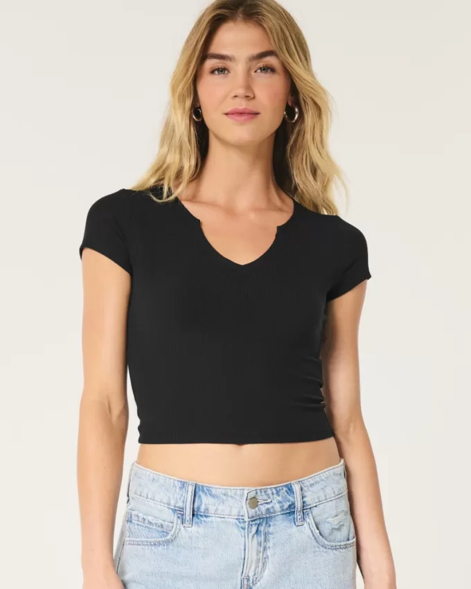 Ribbed Seamless Fabric Notch Neck Baby Tee,Ribbed Seamless Fabric Notch Neck Baby Tee