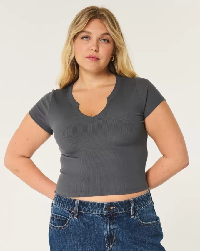 Ribbed Seamless Fabric Notch Neck Baby Tee,Ribbed Seamless Fabric Notch Neck Baby Tee