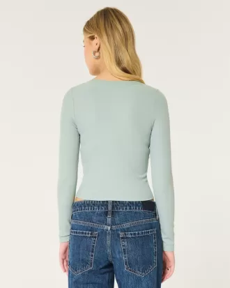 Ribbed Seamless Fabric Notch-Neck Top,Ribbed Seamless Fabric Notch-Neck Top